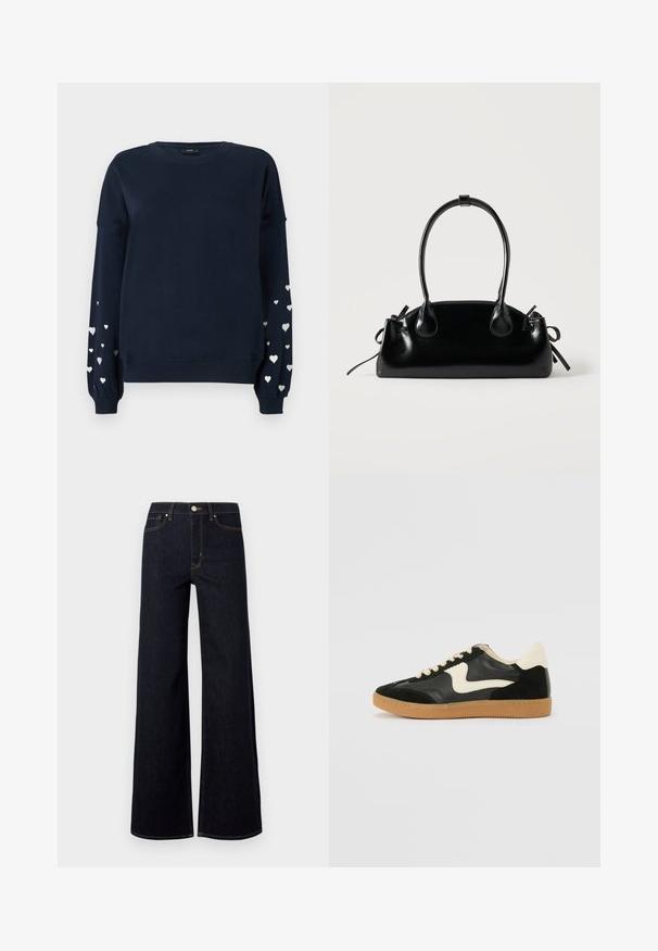Marineblauwe sweatshirt met lange mouwen, voorzien van verspreide zilveren hartpatronen op de mouwen, ribgebreide manchetten en ronde halslijn.; Donkerblauwe wijde jeans van denim, met een hoge taille, contrasterende stiksels en een enkele metalen knoop aan de voorkant.; Zwarte suède en leren sneaker met een crèmekleurige zij-swoosh en lichte crèmekleurige hiel. Voorzien van beige veters en een gumrubberen zool.; Kleine zwarte glanzende handtas met twee lange hengsels en zijkant trekkoord details op een effen lichte achtergrond.