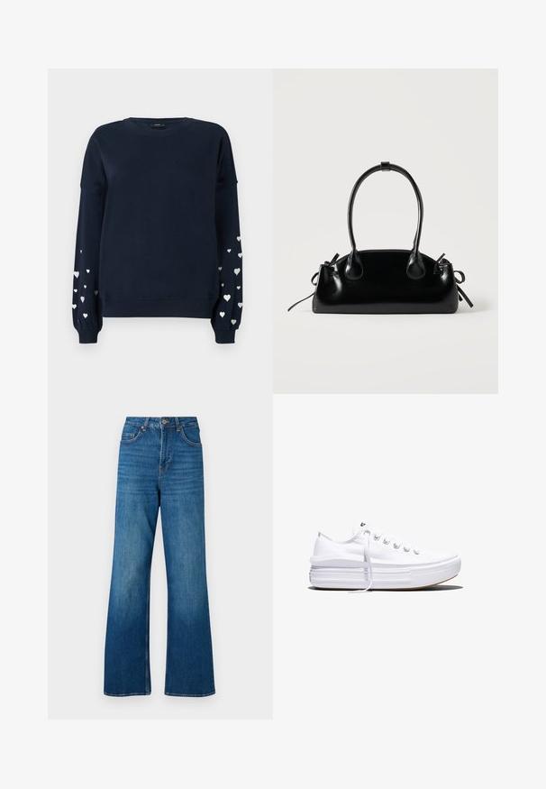 Marineblå sweatshirt med lange ærmer, der har spredte sølvfarvede hjerter på ærmerne, ribbede manchetter og rund halsudskæring.; Bredde ben blå denim jeans med høj talje, lys falmning og klassisk fem-lomme design; har guldfarvet metal hardware og stikninger i kanten.; Hvid lavt snørestøvle med tyk plateau-sål, snørelukning foran og gummiforstærket tåkap, set i sideprofil.; Lille sort blank håndtaske med to lange håndtag og snøre-detaljer i siden på en ensfarvet lys baggrund.