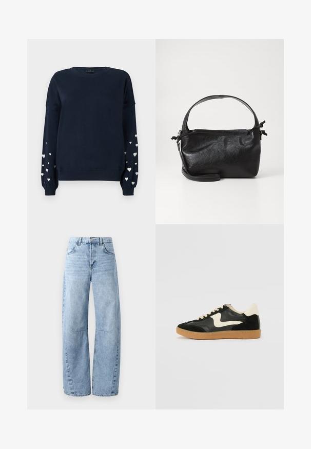 Marineblå sweatshirt med lange ærmer, der har spredte sølvfarvede hjerter på ærmerne, ribbede manchetter og rund halsudskæring.; Lysblå brede jeans lavet af denim, med høj talje, fem lommer og diskret slid. Benene har synlige syninger og sømme.; Sorte ruskinds- og lædersneakers med en cremefarvet side-swoosh og lys cremefarvet hæl. Har beige snørebånd og en gummirubber-sål.; Sort læderhåndtaske med et struktureret design, rund tophåndtag og aftagelig skulderrem. Den har en glat tekstur og en subtil glans.