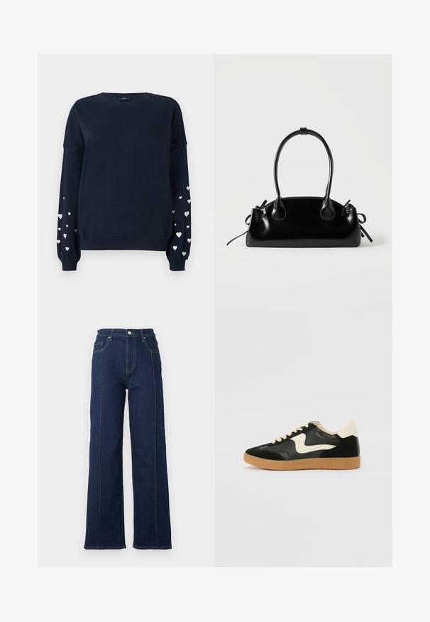 Marineblauwe sweatshirt met lange mouwen, voorzien van verspreide zilveren hartpatronen op de mouwen, ribgebreide manchetten en ronde halslijn.; Donkerblauwe denim broek met wijde pijpen, opvallende stiksels, hoge taille en vijf zakken. Voorzien van een sluiting met knoop en rits aan de voorkant.; Zwarte suède en leren sneaker met een crèmekleurige zij-swoosh en lichte crèmekleurige hiel. Voorzien van beige veters en een gumrubberen zool.; Kleine zwarte glanzende handtas met twee lange hengsels en zijkant trekkoord details op een effen lichte achtergrond.