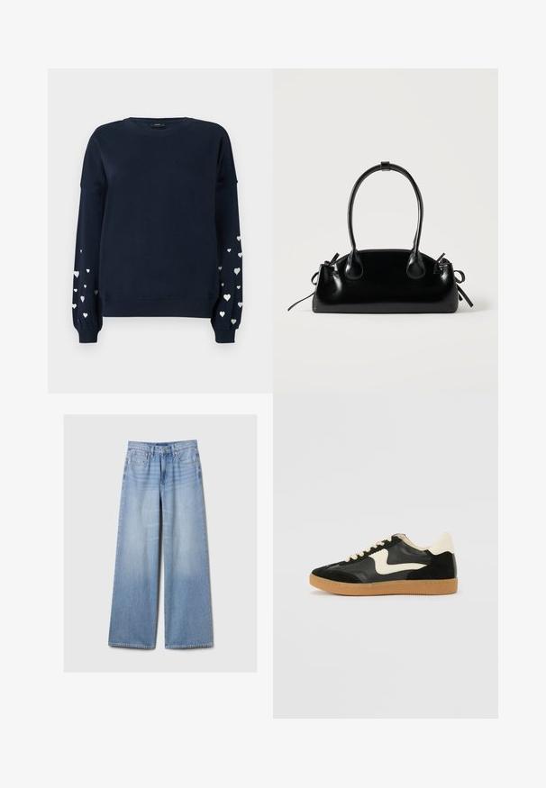 Marineblauwe sweatshirt met lange mouwen, voorzien van verspreide zilveren hartpatronen op de mouwen, ribgebreide manchetten en ronde halslijn.; Lichtblauwe denim jeans met wijde benen, met voorzakken, riemlussen en een knoop- en ritsluiting.; Zwarte suède en leren sneaker met een crèmekleurige zij-swoosh en lichte crèmekleurige hiel. Voorzien van beige veters en een gumrubberen zool.; Kleine zwarte glanzende handtas met twee lange hengsels en zijkant trekkoord details op een effen lichte achtergrond.