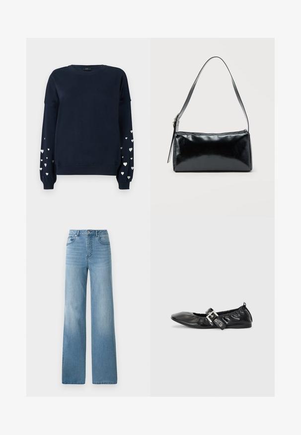 Marineblauwe sweatshirt met lange mouwen, voorzien van verspreide zilveren hartpatronen op de mouwen, ribgebreide manchetten en ronde halslijn.; Lichtblauwe high-waisted jeans met een rechte pasvorm. Gemaakt van denim, met vijf zakken en een knoopsluiting.; Zwarte leren platte schoen met een spitse neus, geplooide details rond de opening en een zilveren gespaccentueerde verstelbare band.; Zwarte rechthoekige schoudertas met een enkele verstelbare band en een bovenste ritssluiting op een effen achtergrond.