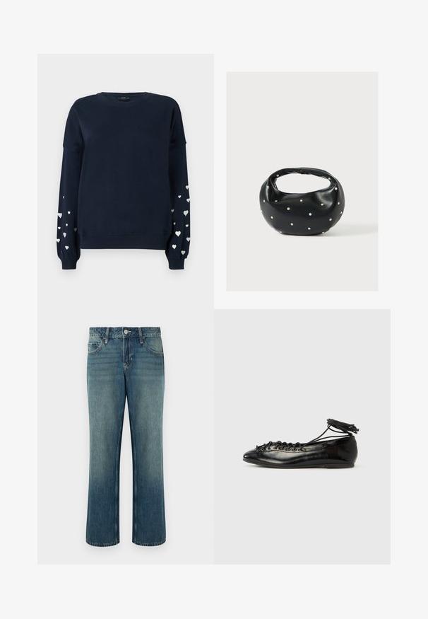Marineblauwe sweatshirt met lange mouwen, voorzien van verspreide zilveren hartpatronen op de mouwen, ribgebreide manchetten en ronde halslijn.; Blauwe spijkerbroek met rechte pijpen, taille op middelhoge hoogte, vijf zakken en subtiele vervaging. Voorzien van knoopsluiting en riemlussen.; Zwarte ballerina's van lakleer met een afgeronde neus, veterdesign en een platte zool. Glad oppervlak met minimale details.; Zwarte leren handtas met een afgeronde vorm, versierd met zilveren studs, en een korte handgreep. Gladde textuur en ritsluiting.
