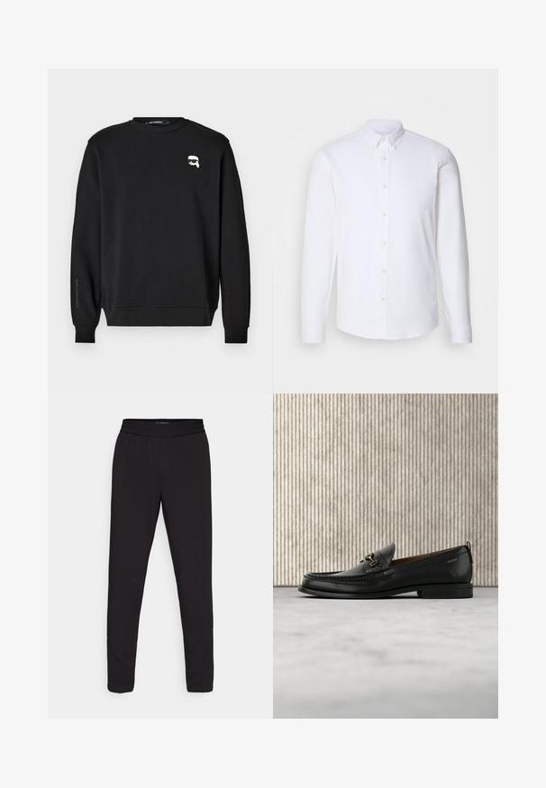 Sort sweatshirt med rund halsudskæring, ribbede manchetter og smæk. Har et lille grafisk motiv på brystet og mærkets navn trykt påærmet.; Hvid langærmet skjorte med knapper lavet af glat stof, har en klassisk krave, otte knapper ned ad fronten og standardmanchetter.; Sorte tapered bukser med elastisk talje, lavet af et glat, let stof, uden synlige mønstre eller hardware-detaljer.; Sort læderloafers med guldfarvet metaldekoration og "HUGO" branding, vist mod en beige tæppe og brunt gennemsigtigt møbel.