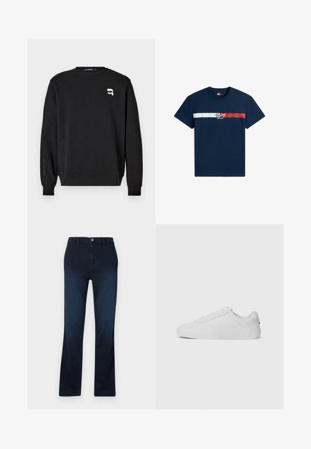 Zwarte sweatshirt met ronde halslijn, ribgebreide manchetten en zoom. Heeft een kleine grafische afbeelding op de borst en de merknaam gedrukt op de mouw.; Marineblauw T-shirt met korte mouwen met witte en rode horizontale strepen en het "Tommy Jeans"-logo op de borst.; Navy blauwe rechtvallende broek, gemaakt van denim, met een ritsluiting, riemlussen en één voorkwast met contrasterende stiksels.; Witte lage sneakers van gladleer, met een ronde neus, platte veters en een getextureerde rubberen zool. Minimalistisch ontwerp zonder zichtbare branding.