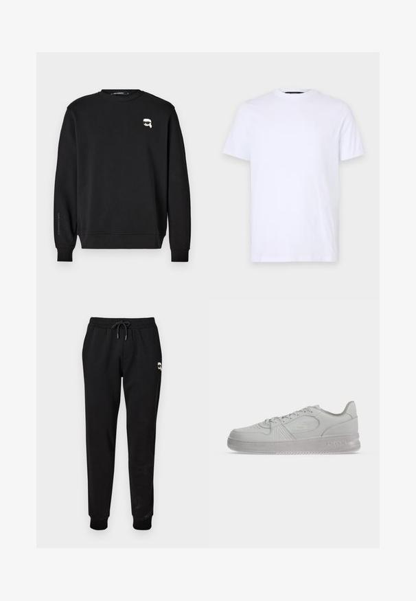 Sort sweatshirt med rund halsudskæring, ribbede manchetter og smæk. Har et lille grafisk motiv på brystet og mærkets navn trykt påærmet.; Hvid bomulds T-shirt med korte ærmer, rund halsudskæring, med et diskret præget logo på venstre bryst, glat tekstur.; Sorte sweatpants med elastisk talje og justerbar snor. Har ribbede manchetter og en lille grafikdetalje på den øverste del af benet.; Hvid lav Lacoste sneaker med snørebånd, præget logo på siden og tekstureret sål på en ensfarvet baggrund.