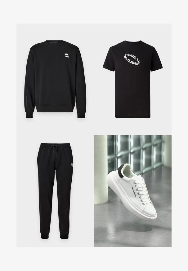 Schwarzes Sweatshirt mit Rundhalsausschnitt, gerippten Bündchen und Saum. Verfügt über eine kleine Grafik auf der Brust und den Markennamen, der auf dem Ärmel gedruckt ist.; Schwarzes Baumwoll-T-Shirt mit kurzen Ärmeln und Rundhalsausschnitt. Auf der Vorderseite befindet sich ein verzerrter, weißer Logotext.; Schwarze Sweatpants mit elastischem Bund und verstellbarem Kordelzug. Mit gerippten Bündchen und einem kleinen Grafikdetail am Oberschenkel.; Weiße Sneaker in niedriger Ausführung mit dicker Sohle, schwarzem Fersenlasche, Schnürverschluss vorne und "KARL LAGERFELD"-Logo an der Seite, schwebend über einem grauen Boden.