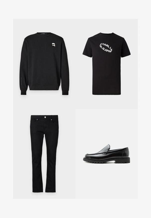 Sort sweatshirt med rund halsudskæring, ribbede manchetter og smæk. Har et lille grafisk motiv på brystet og mærkets navn trykt påærmet.; Sort bomulds T-shirt med korte ærmer og rund hals. Har en hvid, forvrænget logotekst trykt på fronten.; Sorte denim jeans med slim fit, lige ben design, fem-lomme stil og metal knap lukning, med minimale syninger.; Sort læderloafer med chunky gummisål, syet overdel og præget mærkenavn på hælen, vist i sideprofil på hvid baggrund.