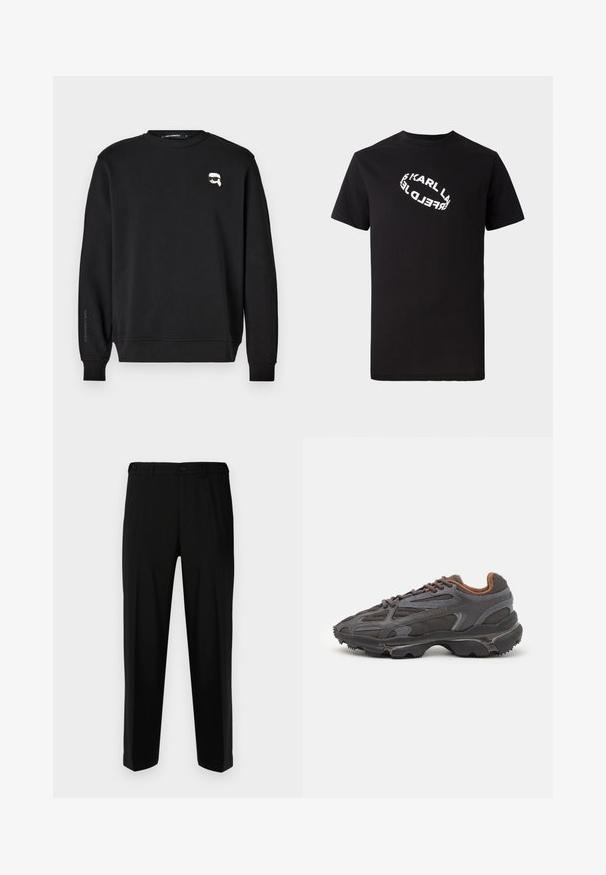 Sudadera negra con cuello redondo, puños y bajo acanalados. Presenta un pequeño gráfico en el pecho y el nombre de la marca impreso en la manga.; Camiseta de algodón negra con mangas cortas y cuello redondo. Presenta un texto de logo distorsionado en blanco impreso en el frente.; Pantalones negros de tela suave, con corte recto, dos bolsillos frontales y cremallera con cierre de botón.; Zapatillas Lacoste en gris oscuro con material de malla y sintético, que cuentan con una suela texturizada y detalles en marrón en el cuello y la marca.