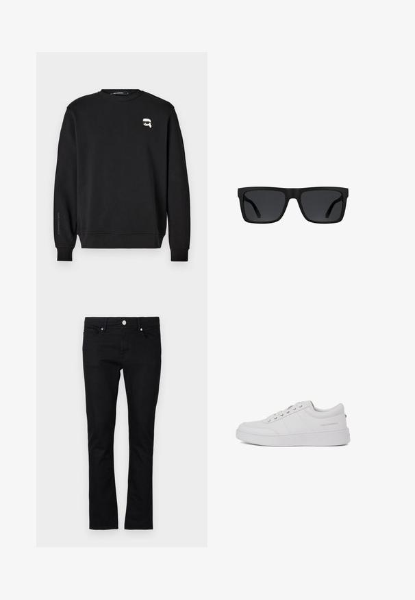 Sort sweatshirt med rund halsudskæring, ribbede manchetter og smæk. Har et lille grafisk motiv på brystet og mærkets navn trykt påærmet.; Sorte denim jeans med slim fit, lige ben design, fem-lomme stil og metal knap lukning, med minimale syninger.; Hvide lædersneakers med et klassisk lavtop-design, flad sål og subtilt brandlogo på hælen. Har fem metaløjer til snørebånd.; Sorte rektangulære solbriller med tykke stel og mørketonede linser på hvid baggrund.