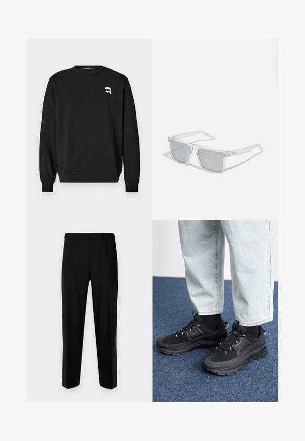 Zwarte sweatshirt met ronde halslijn, ribgebreide manchetten en zoom. Heeft een kleine grafische afbeelding op de borst en de merknaam gedrukt op de mouw.; Zwarte broek van gladde stof, met een rechte snit, twee voorzakken en een ritssluiting met knoopsluiting.; Zwarte sportschoenen met gestructureerde stof en rubberen zolen, met elastische veters en een blauwe accent op de hiel. Draag samen met lichte spijkerbroeken.; HUGO Zonnebril - crystal
