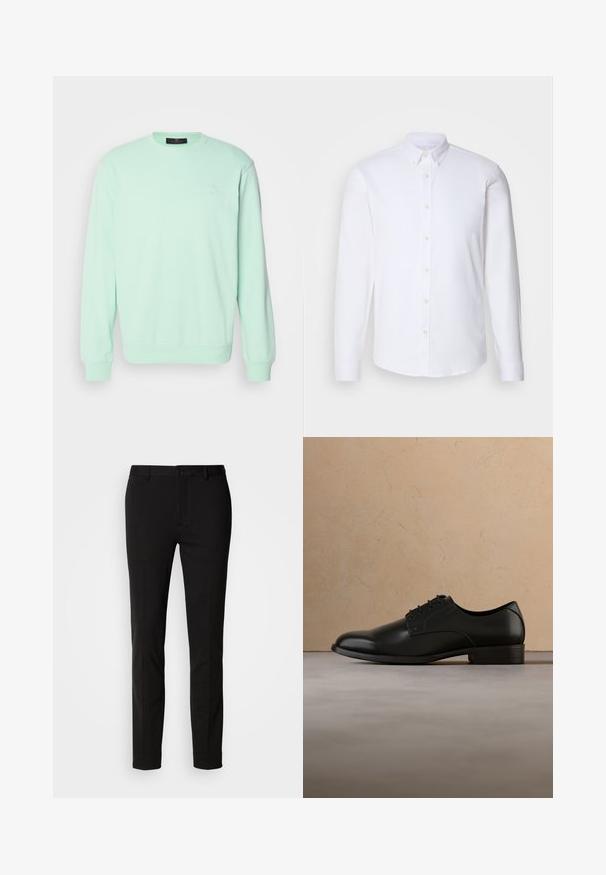 Sweatshirt vert menthe en tissu doux, avec un col rond, des manches longues et un petit logo sur la poitrine.; Chemise blanche à manches longues avec boutons, fabriquée dans un tissu lisse, dotée d'un col classique, de huit boutons sur le devant et de poignets standards.; Pantalon noir à coupe ajustée, avec une fermeture à bouton et des passants de ceinture. Fabriqué en tissu lisse avec un léger éclat, sans motifs visibles.; Chaussure habillée en cuir noir lévitant au-dessus d'un tapis beige tissé, avec une table basse ronde en bois et des livres empilés en arrière-plan flou.