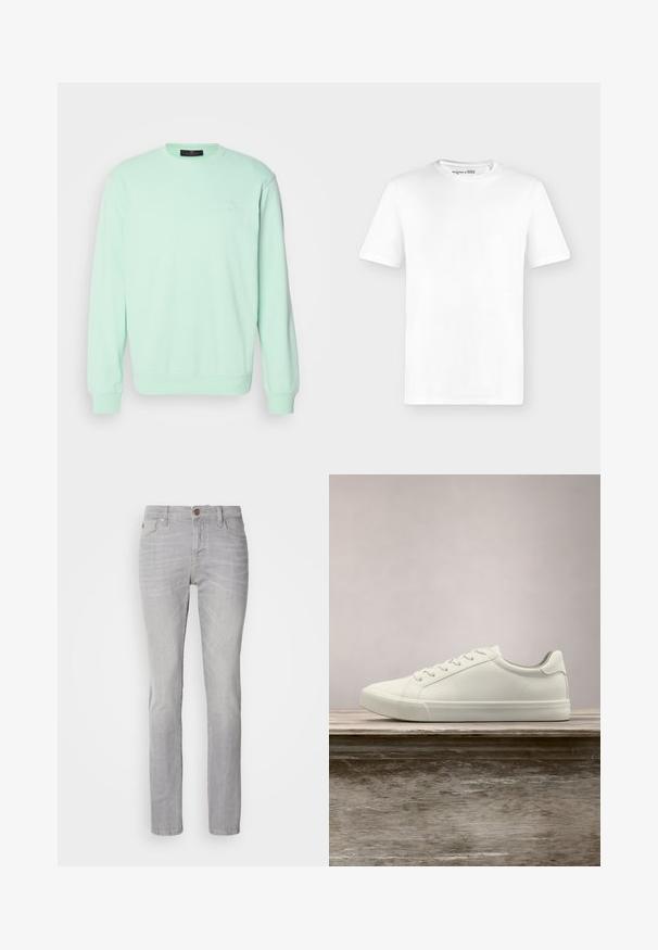 Sweatshirt vert menthe en tissu doux, avec un col rond, des manches longues et un petit logo sur la poitrine.; T-shirt blanc uni à manches courtes avec col rond, présenté de face sur un fond gris clair, sans logos visibles.; Jeans en denim gris clair à coupe droite, dotés de cinq poches, d'une fermeture à bouton et de détails de froissés subtils.; Sneaker en dentelle blanche flottant au-dessus d'un banc en bois avec un feuillage vert en arrière-plan, mettant en valeur le design et la texture de la chaussure.