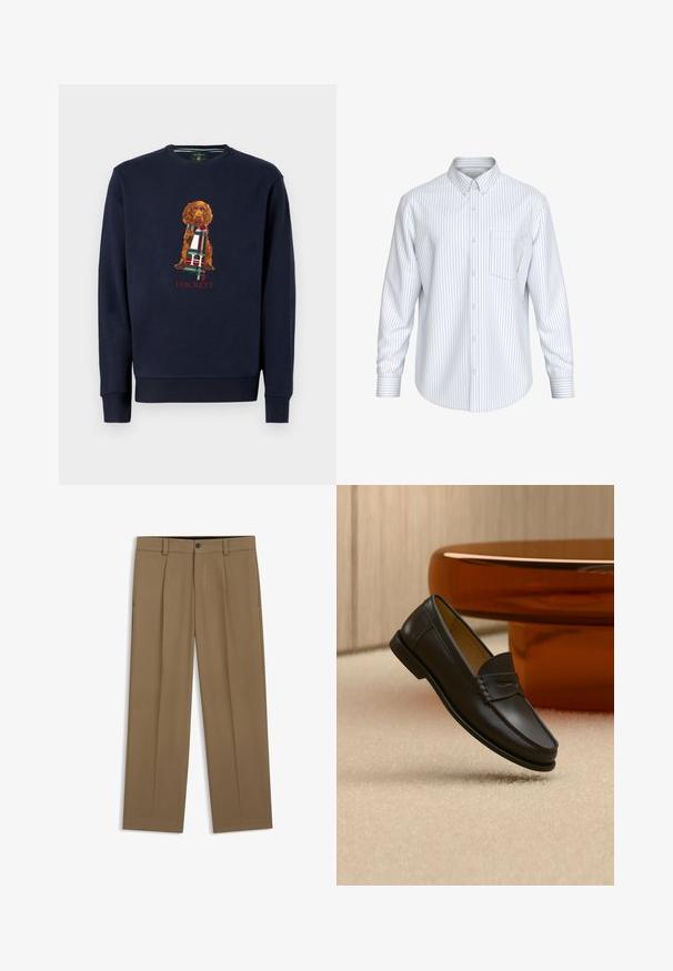 Sweatshirt marine à manches longues avec un chien brun tenant une écharpe à carreaux ; texte "Hackett" en rouge sous le design. Matériau en coton doux.; Chemise blanche à manches longues avec de fines rayures verticales noires et une poche poitrine unique, présentée sur un fond neutre.; Pantalon droit marron avec passants de ceinture, bouton sur le devant et fermeture éclair, présenté à plat sur fond blanc.; Chaussure mocassin en cuir noir suspendue au-dessus d’un tapis beige avec du mobilier moderne couleur ambre en arrière-plan.