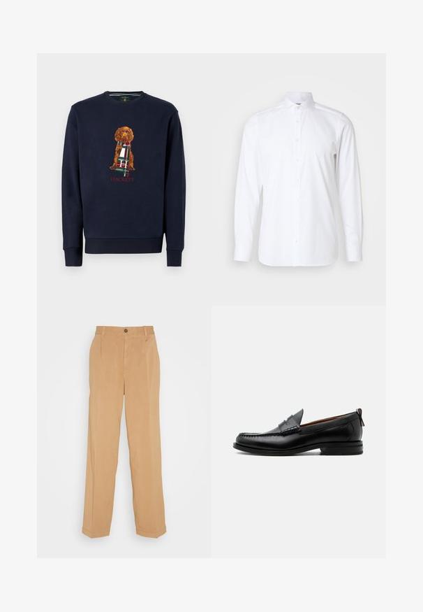 Marineblaues Sweatshirt mit langen Ärmeln, das einen braunen Hund zeigt, der einen karierten Schal hält; darunter der Text "Hackett" in Rot. Weiches Baumwollmaterial.; Weißes Langarmhemd aus glattem Stoff, mit klassischem Kragen, Knopfleiste und tailliertem Schnitt. Keine Muster oder Akzente.; Beige weite Hose aus weichem Stoff, mit zwei frontalen Taschen, einem Knopfverschluss und Bügelfalten entlang der Beine.; Schwarzer Leder-Herrenschuh mit Mokassinnaht, Penny-Riemen, strukturiertem Kragen und niedrigem gestapeltem Absatz auf weißem Hintergrund.