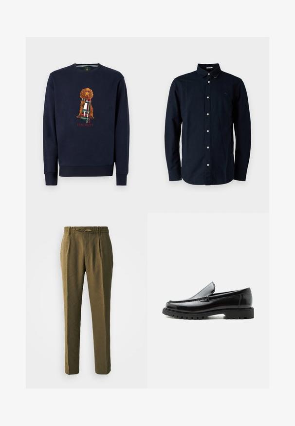 Marine sweatshirt med lange ærmer, der har en brun hund, der holder et ternet tørklæde; "Hackett" tekst nedenfor designet i rødt. Blødt bomuldsstof.; Marinblå knap-op skjorte lavet af bomuld, med klassisk krave, lange ærmer og et lille broderet logo på brystet.; Olivenfarvede bukser lavet af blødt materiale, med en afslappet pasform, plisseret front og elastisk talje med en matchende snor.; Sort læderloafer med chunky gummisål, syet overdel og præget mærkenavn på hælen, vist i sideprofil på hvid baggrund.