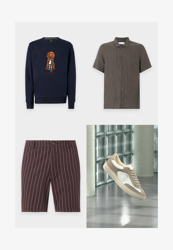 Marine sweatshirt med lange ærmer, der har en brun hund, der holder et ternet tørklæde; "Hackett" tekst nedenfor designet i rødt. Blødt bomuldsstof.; Brun kortærmet skjorte med knapper, hvide lodrette nålestriber og en spredt krave.; Mørkebrune shorts med tynde lodrette hvide striber, knaplukning, bæltestropper og en skræddersyet pasform.; Beige og hvid ruskindssneaker med snørebånd og "BOSS"-logo, der svæver over en poleret beton gulv med glasblokvægge i baggrunden.