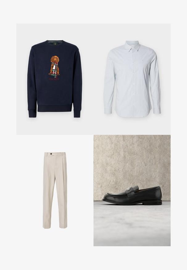 Marine sweatshirt med lange ærmer, der har en brun hund, der holder et ternet tørklæde; "Hackett" tekst nedenfor designet i rødt. Blødt bomuldsstof.; Lyseblå langærmet skjorte med striber lavet af bomuld. Har klassisk krave, knaplukning foran og justerbare manchetter. Diskret logo på brystet.; Beige skræddersyede bukser med lige ben-design, der har frontplisseringer, knaplukning og en glat tekstur.; Sort læderloafer med metalbrandskilt hvilende nær et brunt rundt bord på beige tæppe.