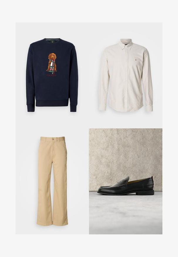 Sudadera navy de manga larga con un perro marrón sujetando una bufanda de cuadros; texto "Hackett" debajo del diseño en rojo. Material de algodón suave.; Camisa de manga larga color beige claro con botones, cuello puntiagudo y un pequeño logo bordado. Tejido suave con textura lisa y dobladillo recto.; Pantalones beige de pierna ancha, hechos de una mezcla de algodón. Presentan un cierre de botón y trabillas para cinturón. Textura suave, con detalles de costura mínimos.; Mocasín de cuero negro para hombre con empeine grabado en relieve de cocodrilo y tacón bajo, mostrado de perfil sobre un fondo neutro.