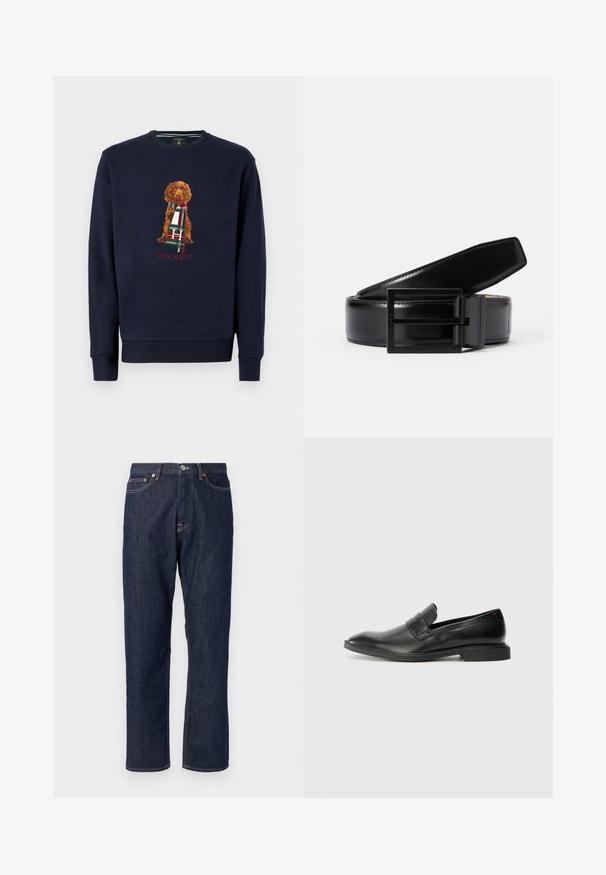 Marine sweatshirt med lange ærmer, der har en brun hund, der holder et ternet tørklæde; "Hackett" tekst nedenfor designet i rødt. Blødt bomuldsstof.; Mørkeblå denim jeans med lige ben-design. Har knappelukning og lynlås, fem lommer og kontraststikningsdetaljer.; Sorte læder loafers med en glat tekstur, spids tå og lav rektangulær hæl. Har vandret remdetalje på overdelen.; Sorte læderbælte med en glat finish, der har en firkantet sort metalspænde. Bæltet har diskret syninger og et klassisk design.