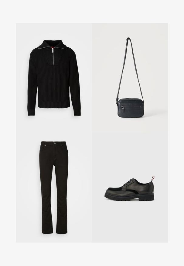 Pull noir à côtes avec un col haut et une fermeture éclair courte. Présente un tissu texturé et des poignets ajustés, offrant une silhouette structurée.; Jeans en denim noir au design droit, avec poches avant, braguette zippée et accents en métal argenté. Texture lisse, sans motifs.; Chaussure noire en cuir à lacets avec semelle épaisse crantée et languette rouge à l'arrière, vue de profil sur un fond gris clair.; Sac bandoulière noir avec une poche zippée à l'avant, surface texturée et bandoulière réglable suspendu sur un fond clair uni.