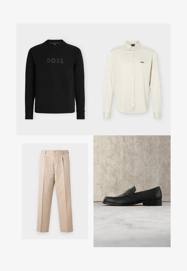 Sweatshirt noir à col rond, manches longues, avec le mot BOSS embossé en grandes lettres sur la poitrine. Aucun motif ou graphique visible.; Chemise blanche à manches longues avec col, logo noir "BOSS" sur le côté gauche de la poitrine, et poignets à boutons, présentée sur un fond uni.; Pantalon beige à jambes droites avec plis, fermeture par bouton, passants pour ceinture et coupe ajustée.; Mocassin en cuir noir flottant au-dessus d'un tapis beige avec une table ronde brune brillante en arrière-plan.