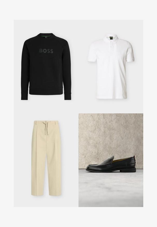 Sweatshirt noir à col rond, manches longues, avec le mot BOSS embossé en grandes lettres sur la poitrine. Aucun motif ou graphique visible.; Polo blanc à manches courtes avec patte à deux boutons, col et poignets côtelés, logo discret sur la poitrine, présenté sur un fond uni.; Pantalon beige droit avec passants pour ceinture et nouage à l'avant, présentant un design épuré et ajusté ainsi qu'un tissu texturé.; Mocassin pour homme en cuir noir avec un dessus embossé effet croco et un petit talon, présenté de profil sur un fond neutre.
