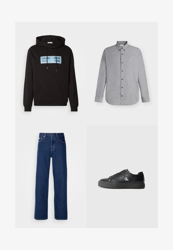 Mustern-hallide must kapuutsiga, millel on ees kangaroo tasku, ja millel on sinine ristkülikukujuline graafika, millel on mustade paksude tähemärkidega trükitud "CALVIN KLEIN NEW YORK".; Helehall hall pikkade varrukatega nööbitav särk nööbitava kraega ja väike "cK" logo tikandiga vasakul rinnal.; Tumedat sinised teksapüksid laia säärega, millel on nupulehe ja klassikaline viie taskuga stiil. Kangas on sileda tekstuuriga.; Musthave nahkakengad ümarate varvastega, lame musta tallaga ja sama tooni paeladega. Küljel on hõbedane logo, pind on sile.