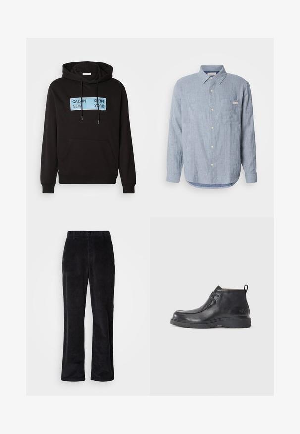 Mustern-hallide must kapuutsiga, millel on ees kangaroo tasku, ja millel on sinine ristkülikukujuline graafika, millel on mustade paksude tähemärkidega trükitud "CALVIN KLEIN NEW YORK".; Hele helesinine triibuline nööpidega särk, puuvillane kangas, pikad varrukad, terava kraega, ühe rinna taskuga ning logo sildiga detail.; Tume musta püksid sametriidest, sirge jala lõikega, millel on nööpidega sulgur, vööaugud ja küljetaskud praktiliseks kandmiseks.; Mustad nahkjalatsid, ümarate varvastega, nöörimisega disain ja taga tõmbeosa. Tekstuuriga pealisosa ja kummist tald.