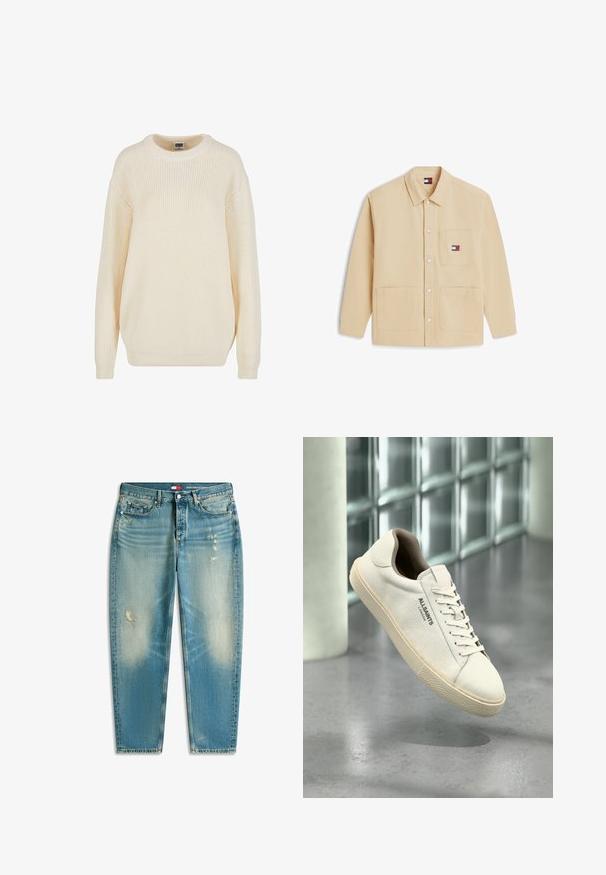 Pull en maille côtelée couleur crème avec un col rond, des épaules tombantes et une coupe décontractée ; il possède un tricot texturé et des poignets côtelés.; Veste beige à boutons avec col, trois poches avant et logo Tommy Jeans sur la poche supérieure de la poitrine.; Jean en denim bleu clair, coupe régulière, zones décolorées sur les cuisses et les genoux, avec de légers détails usés sur les côtés avant.; Baskets en toile blanche avec semelle et lacets beige, logo "AllSaints London" sur le côté, flottant au-dessus d'un sol gris poli près de blocs de verre.