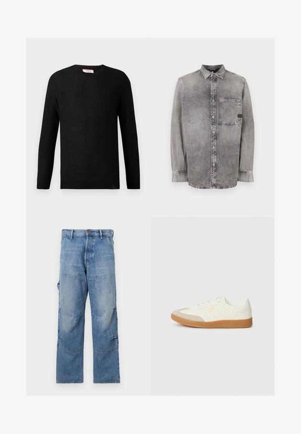 Suéter de punto negro con mangas largas y cuello redondo. Textura sutil y un pequeño detalle del logotipo en el pecho. Diseño clásico y versátil.; Camisa de mezclilla gris, de botones, de manga larga, con tejido de peso medio, un bolsillo en el pecho, acabado desgastado con botones en contraste, cuello clásico.; Pantalones de mezclilla azul claro con piernas anchas, áreas desteñidas y costuras de patchwork. Presentan un cierre frontal con botón y cremallera, además de bolsillos laterales.; Zapatilla de cuero blanca con puntera beige y suela de goma marrón claro. Presenta cordones planos blancos y una marca en relieve en el lateral.