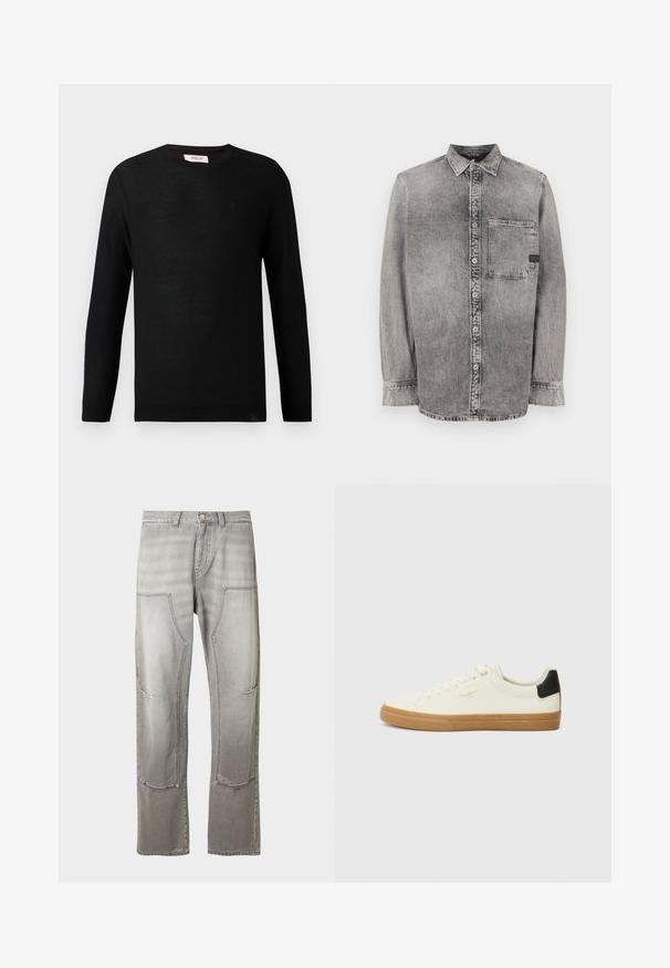 Suéter de punto negro con mangas largas y cuello redondo. Textura sutil y un pequeño detalle del logotipo en el pecho. Diseño clásico y versátil.; Camisa de mezclilla gris, de botones, de manga larga, con tejido de peso medio, un bolsillo en el pecho, acabado desgastado con botones en contraste, cuello clásico.; Pantalones de mezclilla gris con grandes bolsillos parche en los muslos delanteros y detalles sutiles desgastados y desteñidos en las rodillas y la parte superior de las piernas.; Zapatilla de lona blanca con suela de goma, acento negro en el talón, punta redonda y diseño con cordones. Presenta el logo de la marca en dorado en el lateral.
