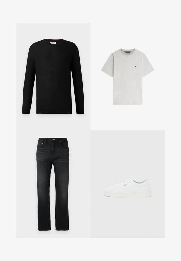 Sort striktrøje med lange ærmer og rund hals. Subtil tekstur og en lille logo detalje på brystet. Klassisk og alsidig design.; Lysegrå T-shirt med korte ærmer og rund halsudskæring med lille rektangulært Tommy Hilfiger-logo på brystet.; Herre sorte straight-leg jeans med klassisk fem-lomme design og knaplukning, præsenteret på en hvid baggrund.; Hvid lav sneaker med hvide snørebånd, tyk sål og lille rød "HUGO"-logo på siden og baghælen.