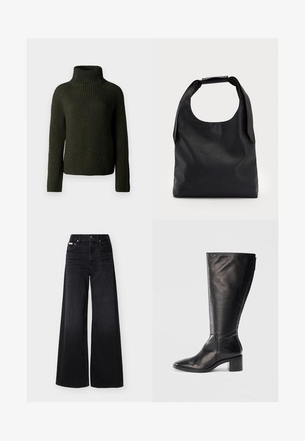 Pull à col roulé côtelé vert foncé avec des manches longues et une coupe décontractée. Fabriqué en matière tricotée texturée, offrant chaleur et confort.; Jean noir à jambes larges avec taille haute, fermeture avant par boutons et fermeture éclair, passants pour ceinture, et design à cinq poches.; Botte noire en cuir montante, avec un bout carré, un talon large et un design épuré. Texture lisse avec une fermeture éclair sur le côté pour un enfilage facile.; Sac à main en cuir noir avec une grande ouverture sur le dessus et une seule bandoulière. Texture douce, design minimaliste, avec des accents métalliques discrets.