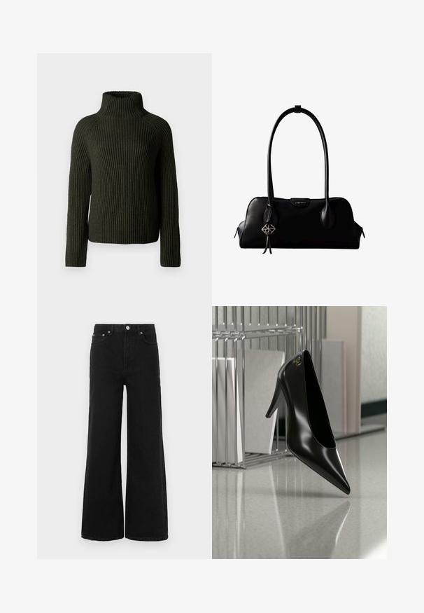 Mørkegrøn ribbet turtleneck sweater med lange ærmer og en afslappet pasform. Fremstillet af tekstureret strikmateriale, der tilbyder varme og komfort.; Sorte jeans med vide ben lavet af denim; har høj talje, forlommer og knaplukning. Ingen synlige mønstre eller pynt.; Sort højhælet sko med spids tå og guldlogo, placeret på en reflekterende overflade nær en krom trådfilholder med dokumenter.; Sort lædertaske fra Calvin Klein med lange håndtag, en forside-logo-tag og en sølv geometrisk vedhæng, der hænger fra det ene håndtag.