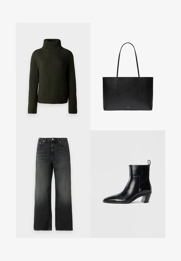 Pull à col roulé côtelé vert foncé avec des manches longues et une coupe décontractée. Fabriqué en matière tricotée texturée, offrant chaleur et confort.; Jean en denim noir avec une coupe décontractée, design à jambe droite, texture délavée, style à cinq poches et bouton argenté de fermeture à la taille.; Bottine en cuir noir avec un bout pointu, un talon empilé géométrique et une languette à l'arrière. Texture lisse et design épuré.; Sac tote en cuir noir avec de longues poignées et petit logo Calvin Klein centré près du bas à l'avant.