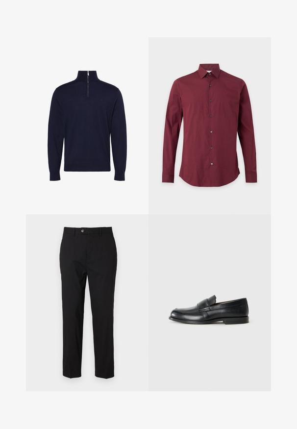 Mørkeblå langærmet sweater med høj krave og en halvlukning med lynlås foran i midten, med lille broderet logo på brystet.; Herre langærmet skjorte med knapper i ensfarvet bordeaux med klassisk krave, vist på en enkel lys baggrund.; Sorte bukser lavet af glat stof, med knaplukning, bælteholdere og to sidelommer. Lige ben-udsnit med minimal detaljering.; Sorte læder loafers med rund tå, syet detaljer og en flad gummisål. Har en bred rem over vristen.