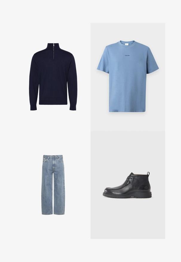 Jersey azul oscuro de manga larga con cuello alto y media cremallera en el centro delantero, con un pequeño logo bordado en el pecho.; Camiseta de algodón de color azul claro con mangas cortas, cuello redondo y sutil logotipo de "Calvin Klein" en negro en el pecho. Textura suave.; Vaqueros azul claro de pierna recta con cierre delantero de botón y cremallera, presillas para cinturón y diseño de cinco bolsillos.; Botas de cuero negras hasta el tobillo con punta redondeada, diseño con cordones y una lengüeta en la parte trasera. Parte superior texturizada y suela de goma.