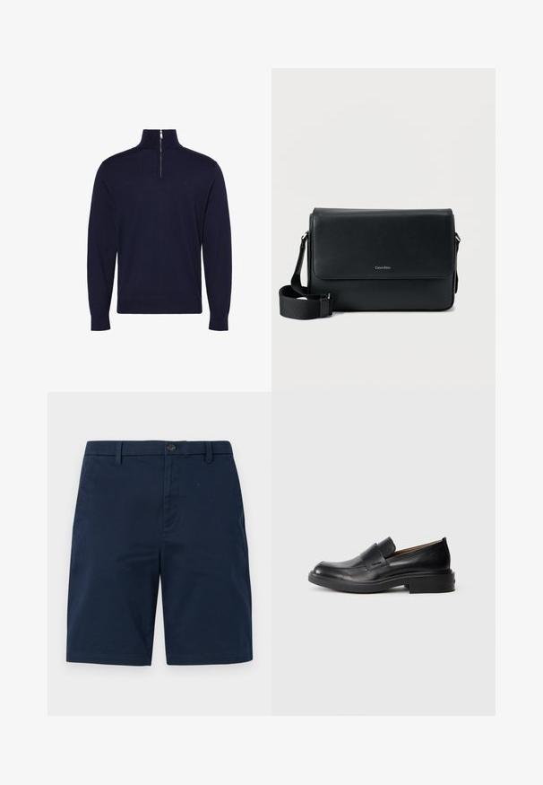 Mørkeblå langærmet sweater med høj krave og en halvlukning med lynlås foran i midten, med lille broderet logo på brystet.; Mørkeblå knælange shorts med knap- og lynlåslukning, bæltestropper og sidelommer på en ensfarvet baggrund.; Sorte læder slip-on dress sko med lav hæl og subtil Calvin Klein logo på siden, vist i profil på en hvid baggrund.; Sort læder messenger taske med tekstureret finish, justerbar rem og en frontklap med et diskret logo. Kompakt og rektangulær form.