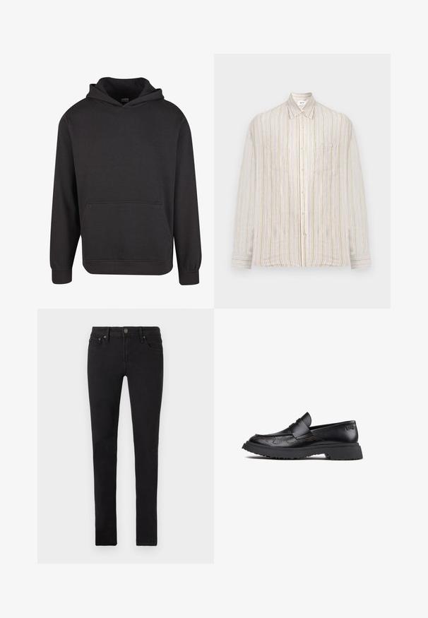 Schwarzer Pullover mit Kapuze aus weichem Stoff, ausgestattet mit einer Kängurutasche vorne, breiten Bündchen und einer legeren Passform. Ohne Grafiken oder Muster.; Herren Langarm-Hemd zum Knöpfen mit beige-, weiß- und hellbraun gestreiften vertikalen Streifen und einer einzelnen Brusttasche.; Schwarze Slim-Fit-Jeans mit fünf Taschen, Knopfverschluss und Gürtelschlaufen, flach auf einem weißen Hintergrund präsentiert.; Schwarzer Lederloafer mit dicker Gummisohle, dekorativen Nähten auf dem Obermaterial und einem Penny-Riemen über dem Spann.
