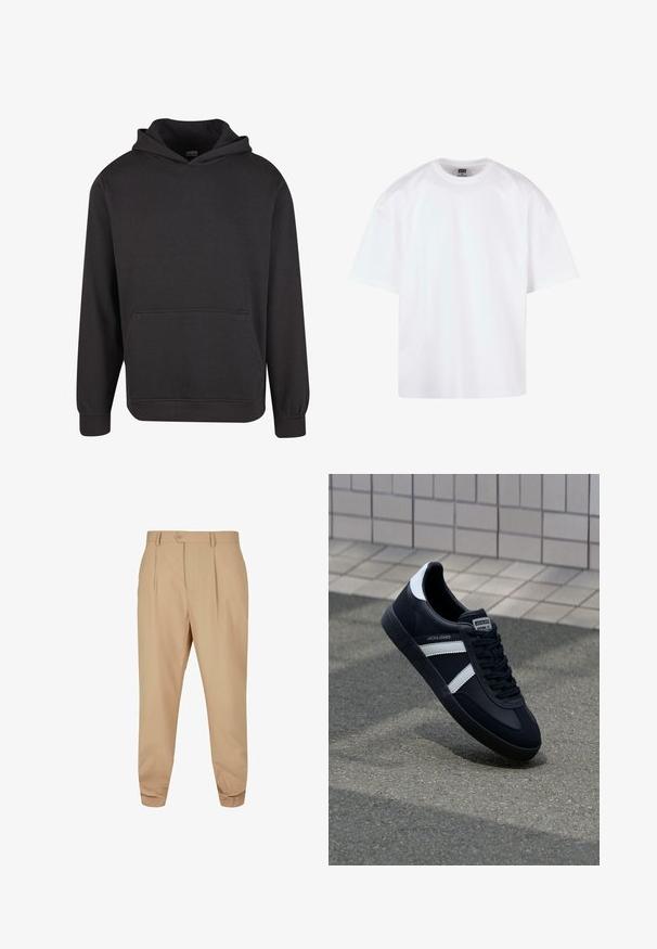 Zwarte pullover hoodie gemaakt van zachte stof, met een voorzak in kangoeroestijl, brede manchetten en een ontspannen pasvorm. Zonder afbeeldingen of patronen.; Witte korte mouw t-shirt met een ronde hals, gemaakt van katoen, met een ontspannen pasvorm en minimale stiksel-details.; Beige op maat gemaakte broeken met plooi, knoopsluiting, riemlussen en taps toelopende benen tegen een witte achtergrond.; Zwarte leren sneaker met witte strepen, een gestructureerde rubberen zool en vetersluiting aan de voorkant. Voorzien van een merklabel op de tong.