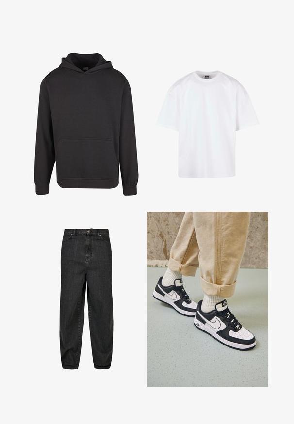 Schwarzer Pullover mit Kapuze aus weichem Stoff, ausgestattet mit einer Kängurutasche vorne, breiten Bündchen und einer legeren Passform. Ohne Grafiken oder Muster.; Weißes T-Shirt mit kurzen Ärmeln und Rundhalsausschnitt, aus Baumwollmaterial, mit lockerem Schnitt und minimalen Nahtdetails.; Schwarze Jeans aus Denim mit lässigem Schnitt, mit einem frontalen Knopfverschluss, fünf Taschen und dezenten Verwaschungen auf dem Stoff.; Schwarz-weiße Nike Air Force 1 Sneaker mit einem Obermaterial aus Leder, perforierter Zehenpartie und strukturiertem Sohlendesign, getragen mit aufgerollten beigen Hosen und weißen Socken.