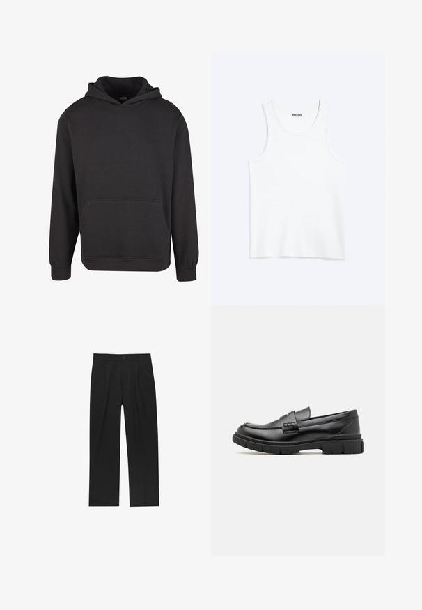 Sweat à capuche noir en tissu doux, doté d'une poche kangourou à l'avant, de larges poignets et d'une coupe décontractée. Sans motifs ni imprimés.; Débardeur blanc sans manches avec col rond et étiquette de la marque Weekday à l'intérieur du col arrière, présenté à plat sur un fond clair.; Pantalons noirs au design droit, fabriqués à partir d'un tissu lisse. Dotés de plis sur le devant et d'une fermeture à un bouton à la taille.; Mocassin en cuir noir avec une large sangle sur le devant, semelle en caoutchouc à épaisse rainure, et texture lisse. Design classique et élégant.
