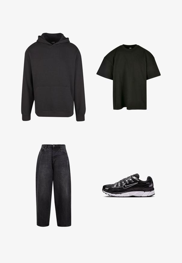 Schwarzer Pullover mit Kapuze aus weichem Stoff, ausgestattet mit einer Kängurutasche vorne, breiten Bündchen und einer legeren Passform. Ohne Grafiken oder Muster.; Schwarzes, oversized T-Shirt aus weicher Baumwolle. Verfügt über einen runden Halsausschnitt und kurze Ärmel, mit einer glatten Textur und minimalistischem Design.; Schwarze Denim-Jeans mit weitem Bein und hohem Bund, ausgestattet mit einem Knopfverschluss, Fronttaschen und einer leicht gewaschenen Textur für einen lässigen Look.; Schwarze Gymnastikschuhe aus Netzmaterial mit weißer Sohle, ausgestattet mit einem strukturierten Design, reflektierenden Akzenten und mehreren Überlagerungsriemen zur Unterstützung.