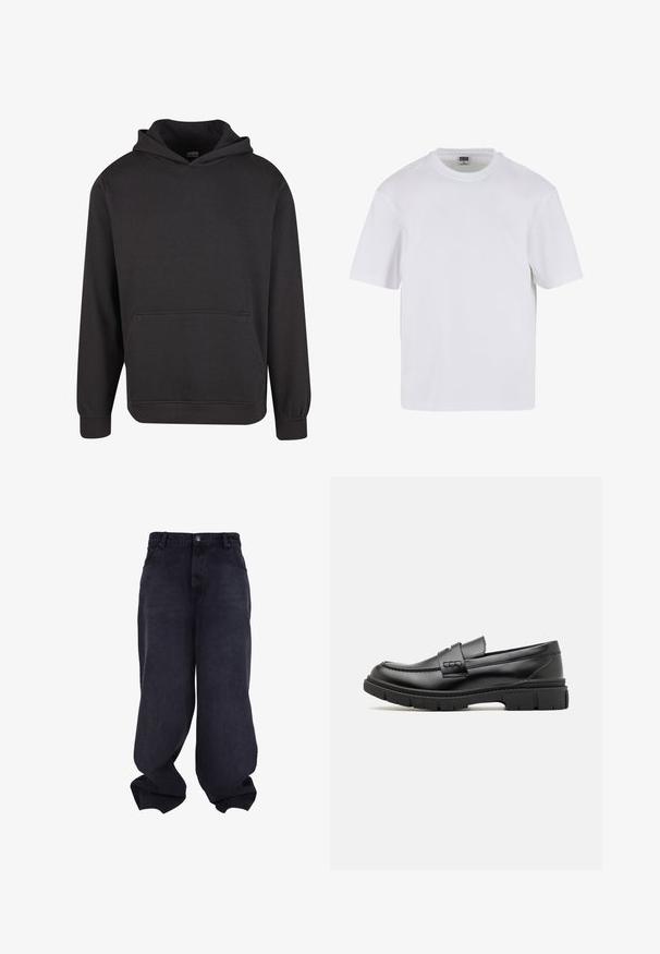 Sweat à capuche noir en tissu doux, doté d'une poche kangourou à l'avant, de larges poignets et d'une coupe décontractée. Sans motifs ni imprimés.; T-shirt blanc à manches courtes en coton. Il présente un col rond et une coupe décontractée. Texture lisse, design minimaliste, sans motifs ni accents.; Jeans baggy noirs oversize avec fermeture avant à boutons et fermeture éclair, poches avant et jambes larges et amples.; Mocassin en cuir noir avec une large sangle sur le devant, semelle en caoutchouc à épaisse rainure, et texture lisse. Design classique et élégant.