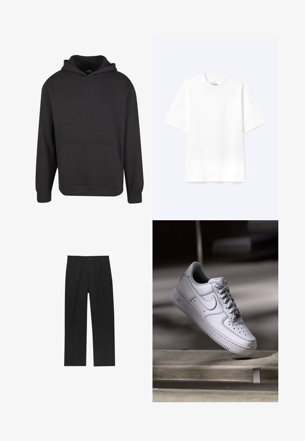 Schwarzer Pullover mit Kapuze aus weichem Stoff, ausgestattet mit einer Kängurutasche vorne, breiten Bündchen und einer legeren Passform. Ohne Grafiken oder Muster.; Schlichtes weißes T-Shirt mit kurzen Ärmeln und Rundhalsausschnitt in entspannter Passform, auf hellem Hintergrund dargestellt.; Schwarze Hose mit geradem Schnitt, aus einem glatten Stoff gefertigt. Verfügt über Vorderfalten und einen einzelnen Knopfverschluss an der Taille.; Weißer Nike Air Force 1 Sneaker aus Leder mit perforierter Zehenpartie, flachen Schnürsenkeln und strukturierter Gummisohle mit "AIR"-Branding an der Seite.