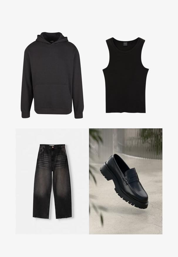 Schwarzer Pullover mit Kapuze aus weichem Stoff, ausgestattet mit einer Kängurutasche vorne, breiten Bündchen und einer legeren Passform. Ohne Grafiken oder Muster.; Schwarzes, geripptes Tanktop mit rundem Halsausschnitt und weiten Armausschnitten, aus einem weichen, dehnbaren Stoff. Marke: Pull&Bear.; Schwarze Denim-Weite-Leg-Jeans mit einem ausgewaschenen Design, ausgestattet mit fünf Taschen, einem Knopfverschluss und dezenten Waschungen auf der Vorderseite.; Schwarze Lederloafer mit einer robusten profilierten Sohle, ausgestattet mit einem dekorativen Riemen und einer Stichdetail. Glatte Textur mit einem polierten Finish.