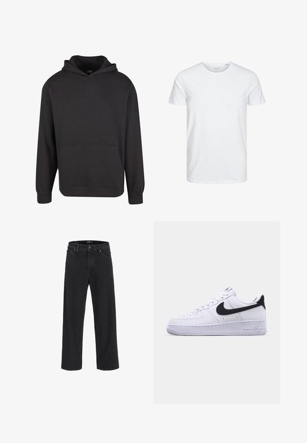 Sweat à capuche noir en tissu doux, doté d'une poche kangourou à l'avant, de larges poignets et d'une coupe décontractée. Sans motifs ni imprimés.; T-shirt à col rond à manches courtes de couleur blanche unie, fabriqué en coton doux, avec un design simple sans motifs ni accents visibles.; Jean en denim noir à jambe droite avec fermeture à bouton et à zip, passants de ceinture, et poches avant et arrière.; Sneaker en cuir blanc avec un Swoosh noir texturé, des lacets plats et une semelle en caoutchouc avec un motif strié. "AIR" est embossé sur le talon.