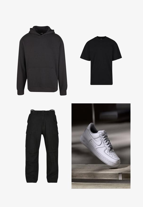 Schwarzer Pullover mit Kapuze aus weichem Stoff, ausgestattet mit einer Kängurutasche vorne, breiten Bündchen und einer legeren Passform. Ohne Grafiken oder Muster.; Schwarzes T-Shirt mit kurzen Ärmeln und Rundhalsausschnitt, lockerer Passform, schlichtem Design ohne sichtbare Logos oder Muster.; Schwarze Cargo-Hosen aus robustem Material. Verfügt über mehrere Taschen, eine lockere Passform und einen Reißverschluss mit Knopfverschluss. Verstärkte Nähte an den Nähten.; Weißer Nike Air Force 1 Sneaker aus Leder mit perforierter Zehenpartie, flachen Schnürsenkeln und strukturierter Gummisohle mit "AIR"-Branding an der Seite.