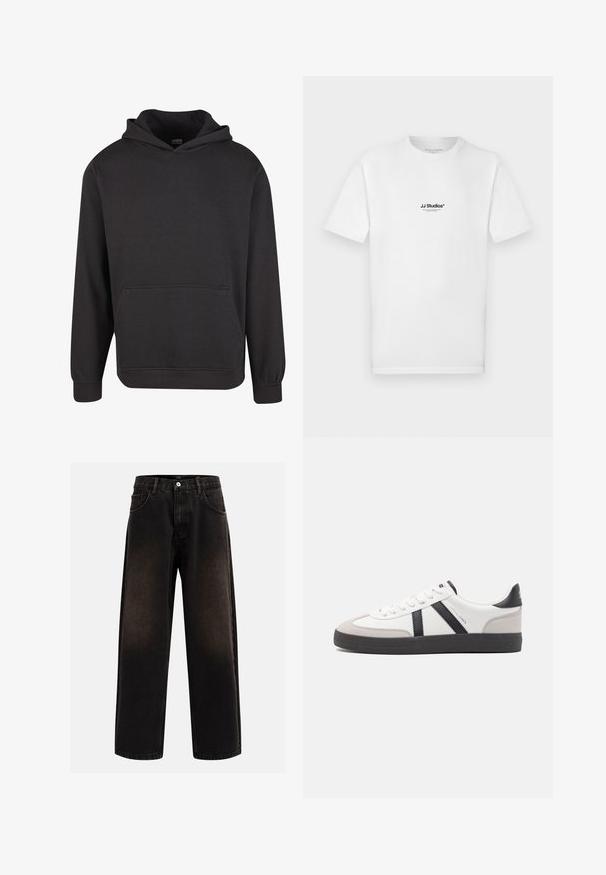 Schwarzer Pullover mit Kapuze aus weichem Stoff, ausgestattet mit einer Kängurutasche vorne, breiten Bündchen und einer legeren Passform. Ohne Grafiken oder Muster.; Weißes Baumwoll-T-Shirt mit kurzen Ärmeln und rundem Ausschnitt. Verfügt über ein kleines schwarzes "JJ Studios"-Logo auf der Brust.; Schwarze Denim-Jeans mit lockerer Passform, ausgestattet mit Gürtelschlaufen, fünf Taschen Design und einem Knopfverschluss. Strukturierter Stoff mit leichtem Verblassen.; Weiße Sneaker mit schwarz- und grau-aczenten, ausgestattet mit einer strukturierten grauen Zehenkappe, schwarzer Gummi-Sohle und flachen weißen Schnürsenkeln. Sauberes Design, minimalistische Stil.